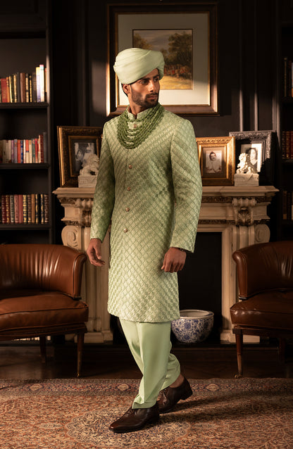 HSY Mint Green Sherwani in Silk for Weddings-Intricate embroidery detail on mint green silk wedding sherwani
