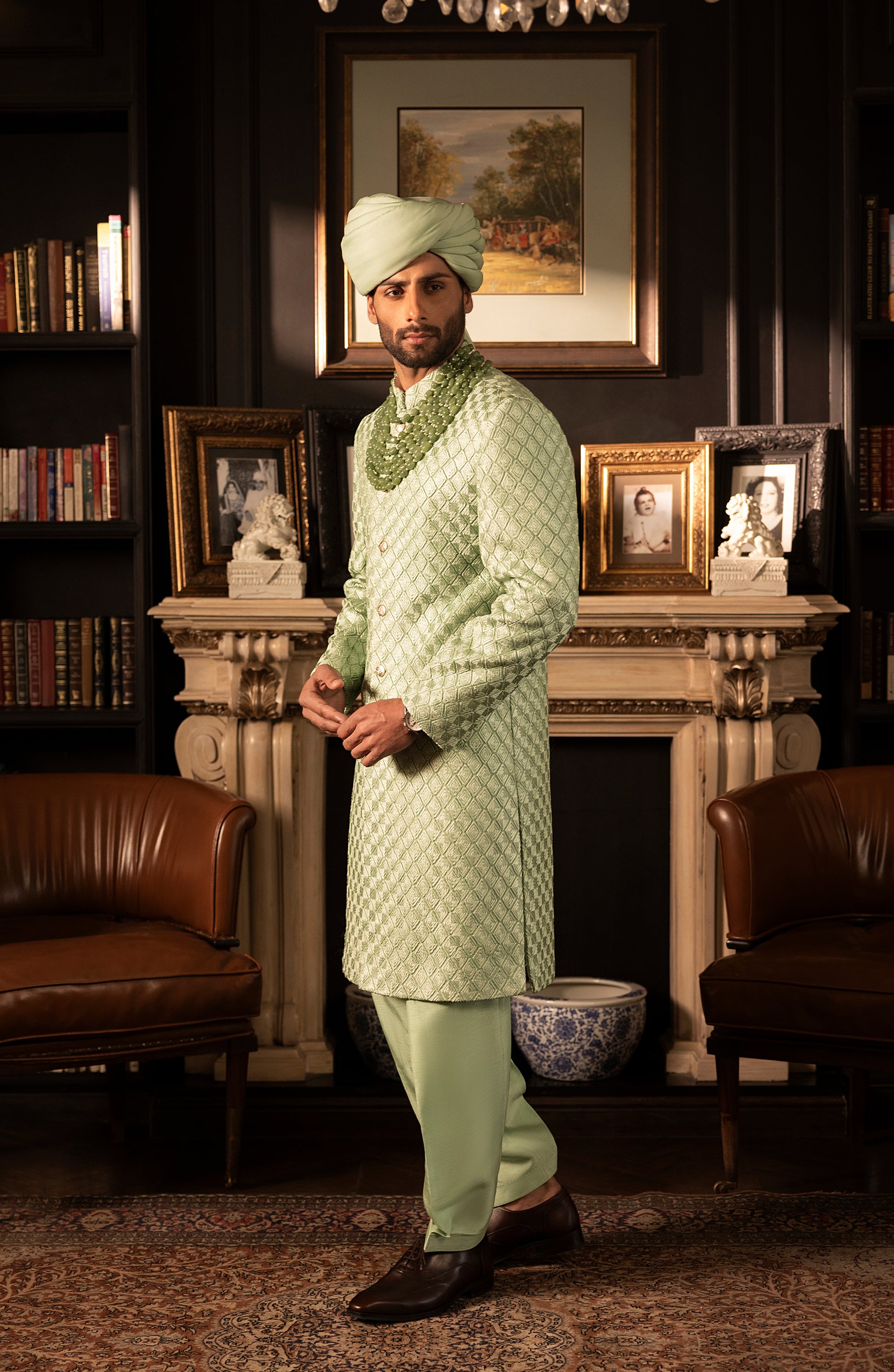 HSY Mint Green Sherwani in Silk for Weddings-Front view of mint green silk sherwani for weddings