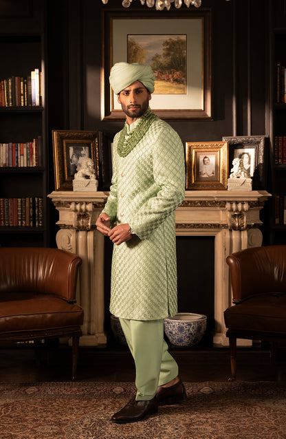 HSY Mint Green Sherwani in Silk for Weddings-Front view of mint green silk sherwani for weddings