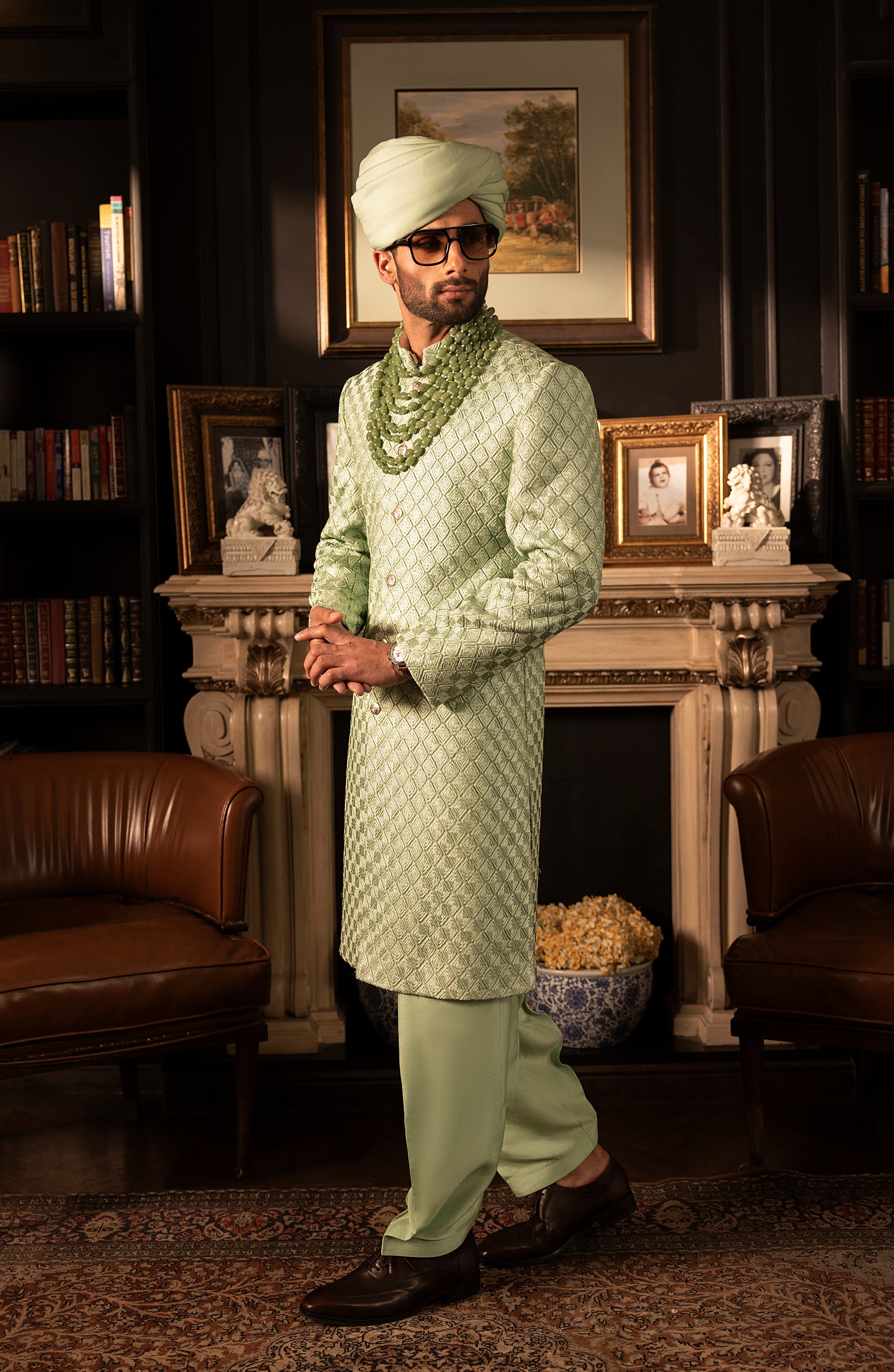 HSY Mint Green Sherwani in Silk for Weddings-Model wearing mint green silk sherwani front pose