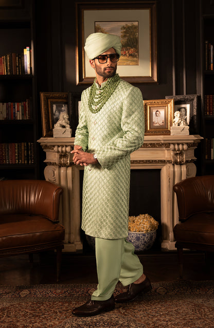 HSY Mint Green Sherwani in Silk for Weddings-Model wearing mint green silk sherwani front pose