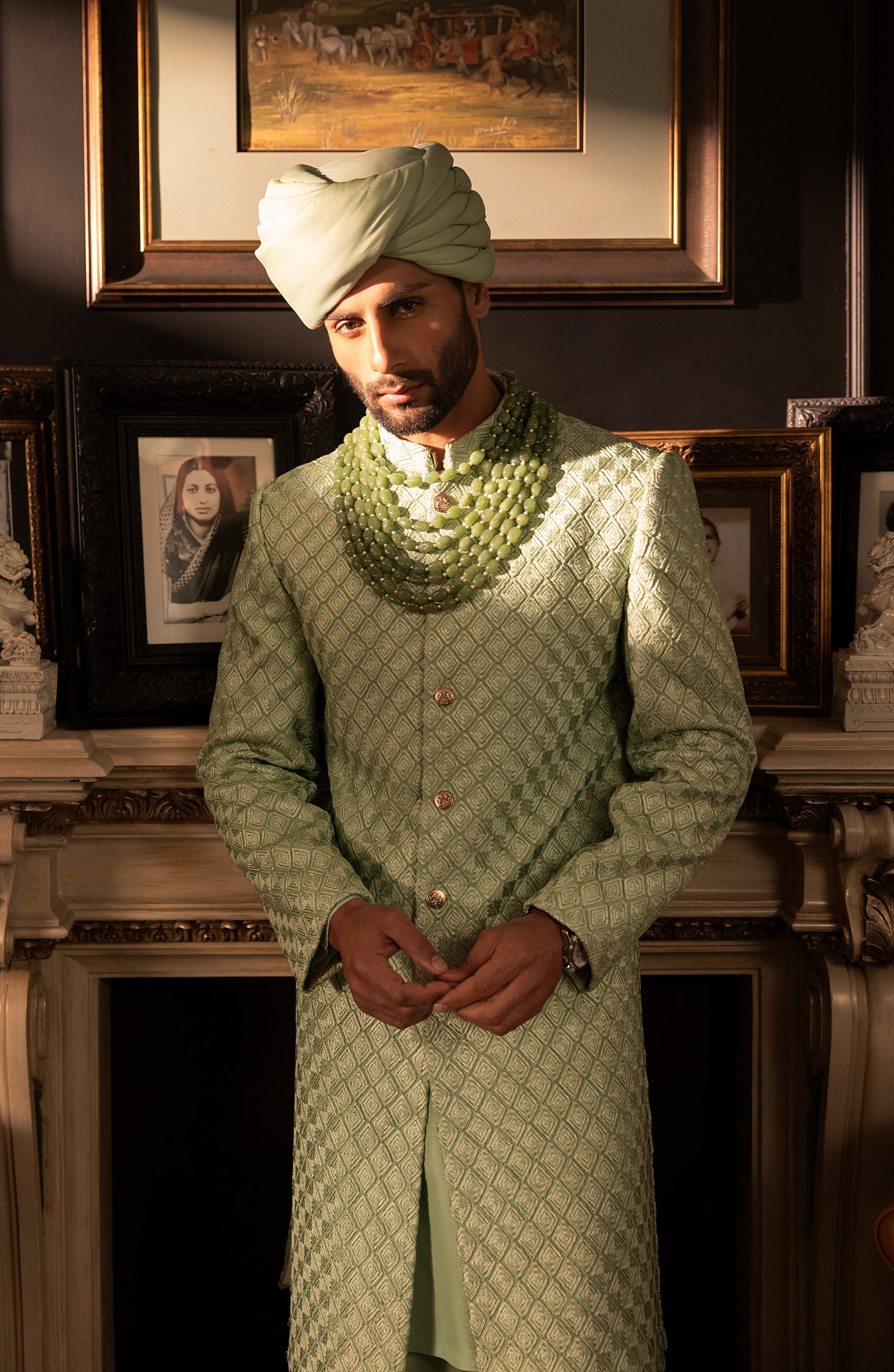 HSY Mint Green Sherwani in Silk for Weddings-Neckline design of mint green silk sherwani for groom wear