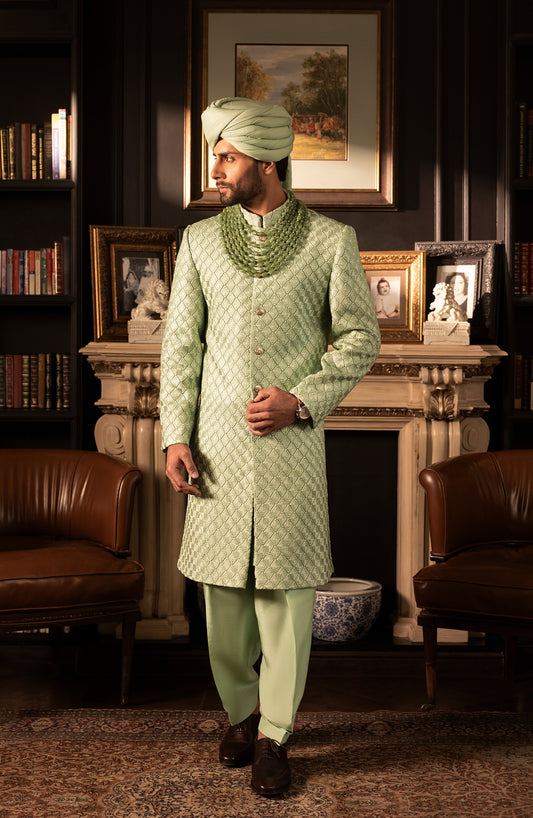 HSY Mint Green Sherwani in Silk for Weddings-Side profile of elegant mint green silk sherwani for grooms