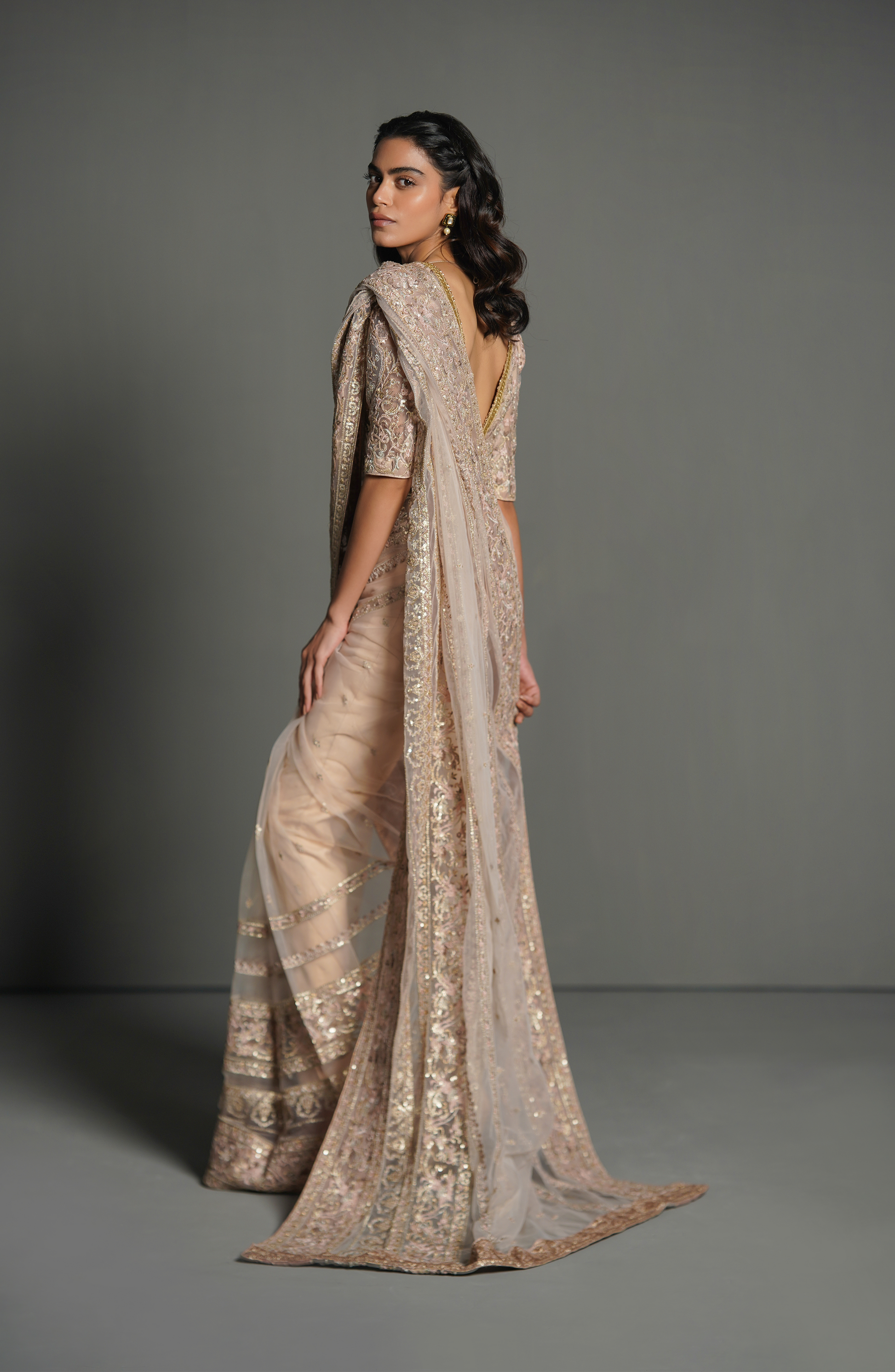 HSY Trousseau Luxury Saree -Closeup embroidery details on misty pink saree set with handwork accents.