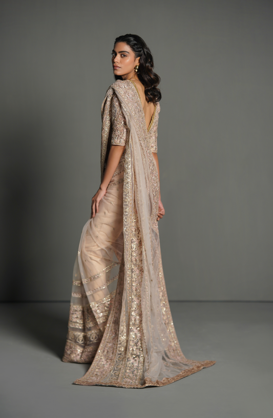 HSY Trousseau Luxury Saree -Closeup embroidery details on misty pink saree set with handwork accents.
