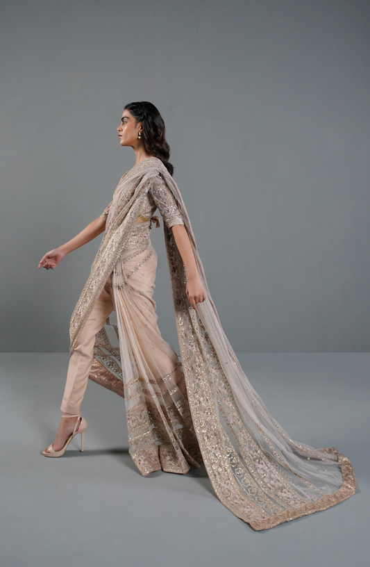 Misty Pink - Embroidered Saree Set-Side profile of misty pink saree highlighting its graceful embroidered drape.