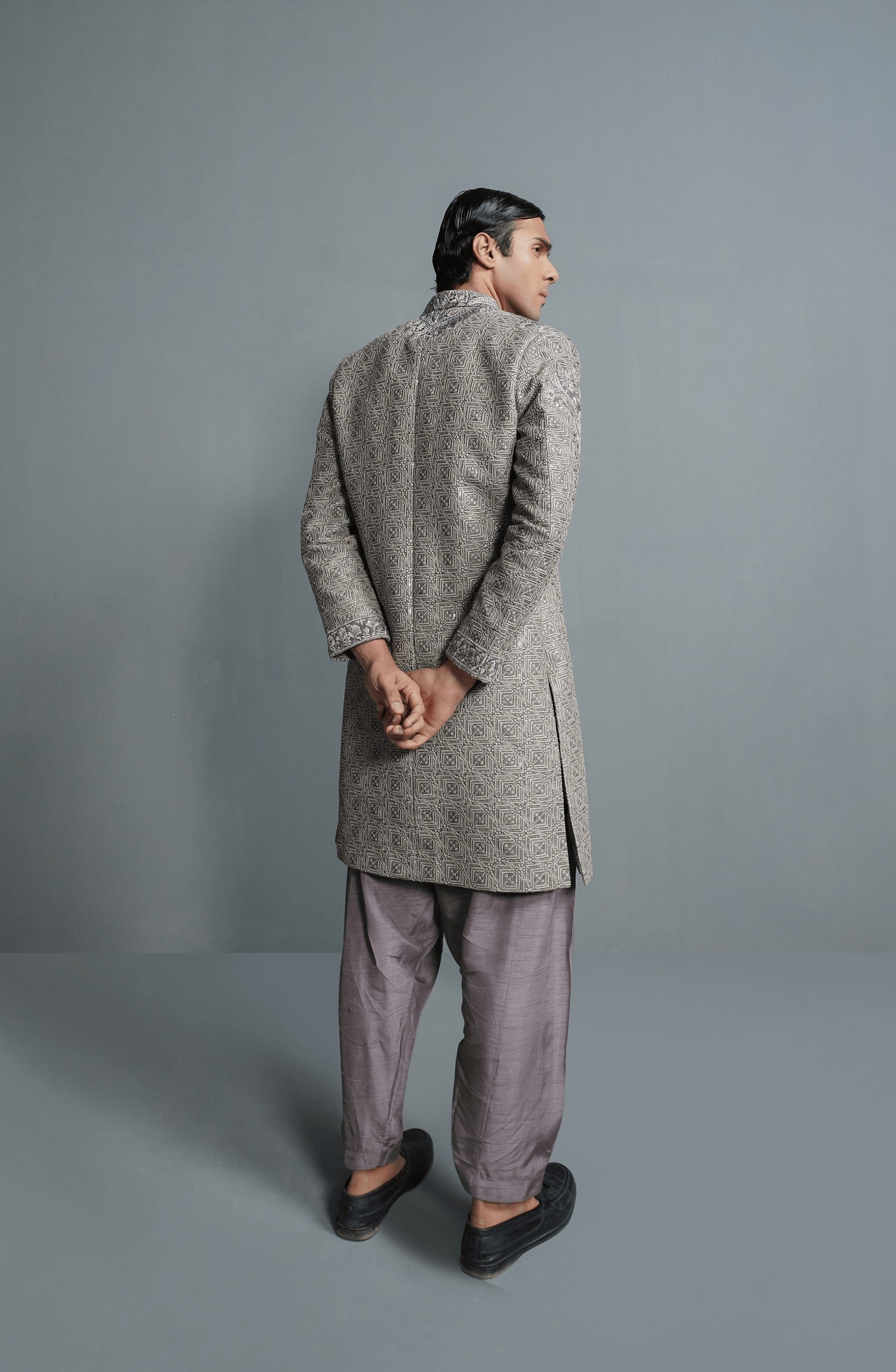 Men’s sherwani designs with intricate embroidery-Back design of Moonlight lilac silk sherwani for weddings