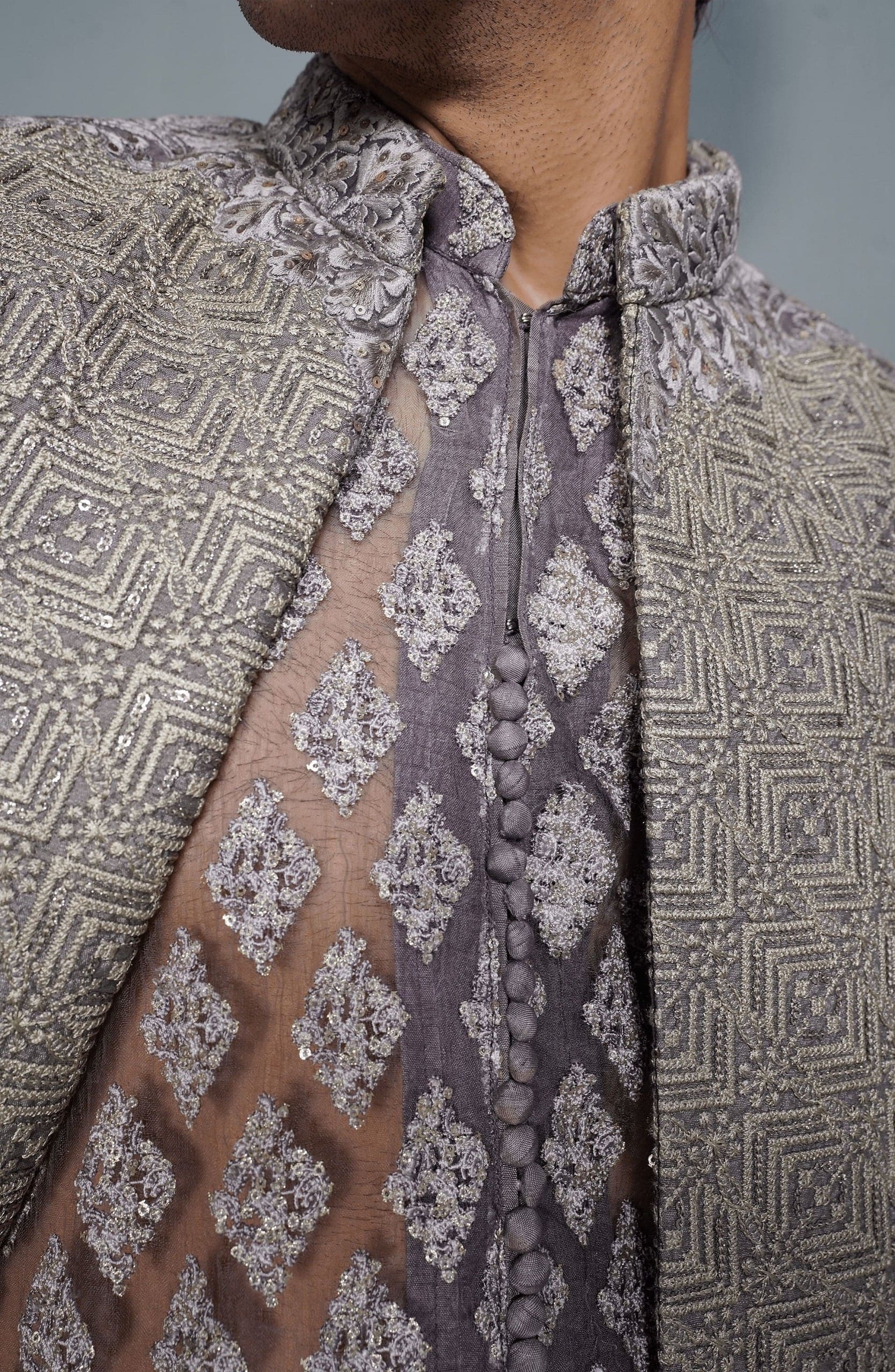 Custom-fit designer sherwanis for men-Closeup detailing of Moonlight elegant lilac silk sherwani
