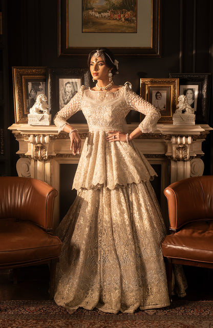 HSY BCW-02 - Net Peplum Lehenga Ensemble-Intricate embroidery details on net peplum lehenga outfit