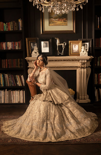 HSY BCW-02 - Net Peplum Lehenga Ensemble-Side profile of traditional net peplum lehenga ensemble