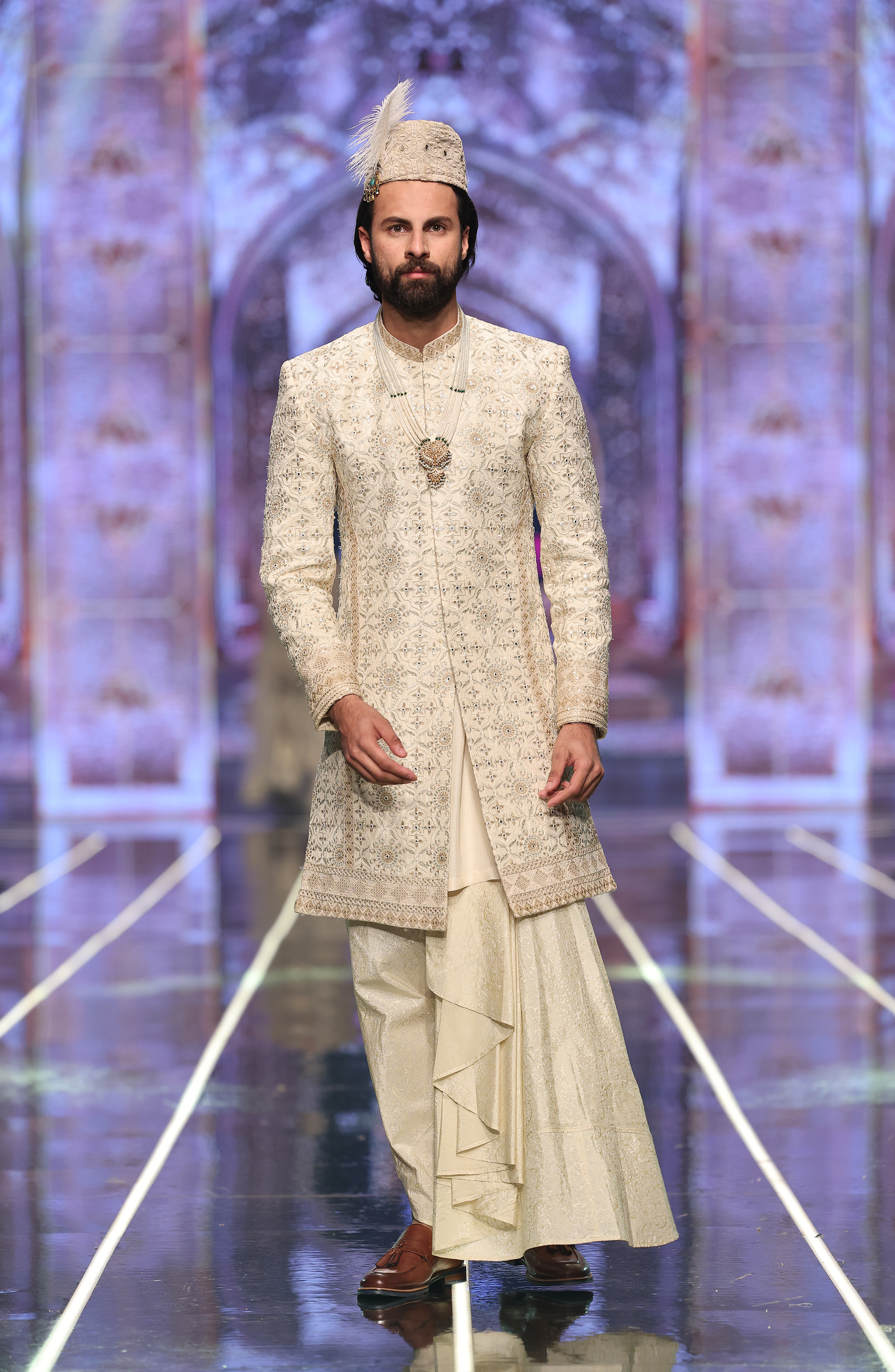 HSY Net Pishwas With Jamawar Sharara-Full festive look in net pishwas with jamawar sharara set