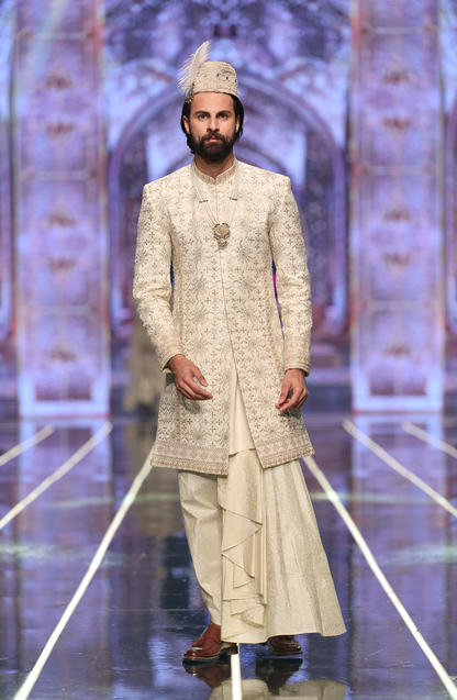 HSY Net Pishwas With Jamawar Sharara-Full festive look in net pishwas with jamawar sharara set