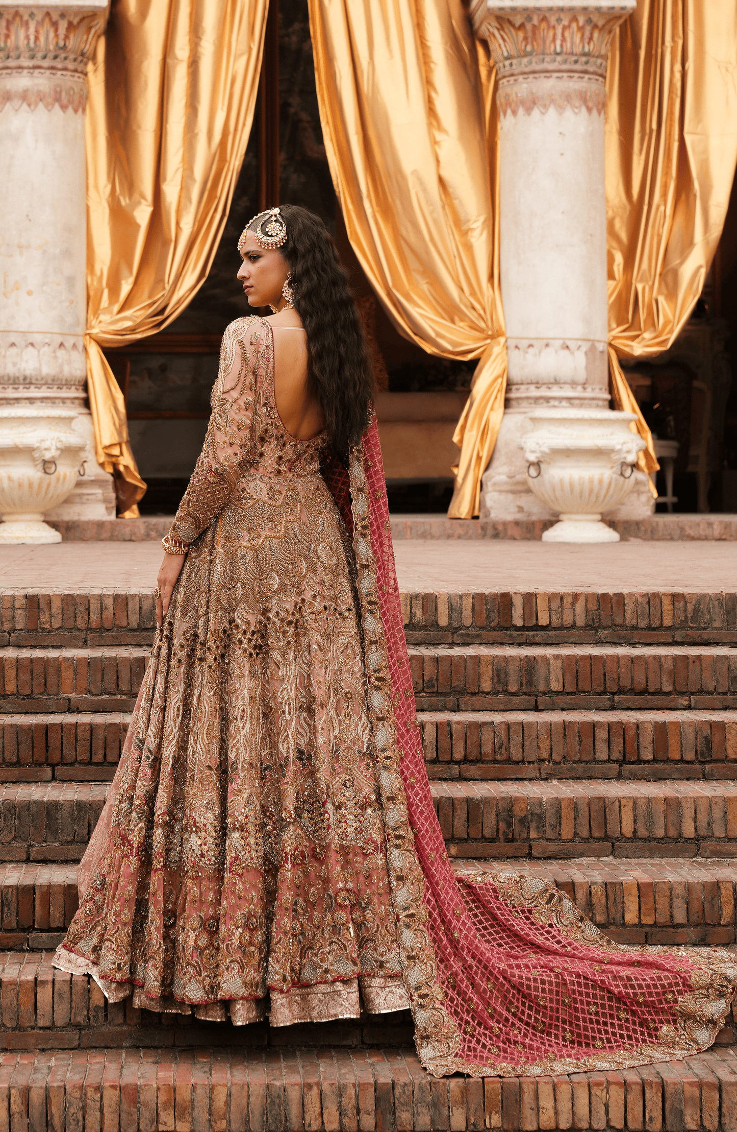 HSY Nigaar - Pink Ombre Front-Slit Anarkali Bridal Attire-Back design of Nigaar Pink Ombre Anarkali bridal gown
