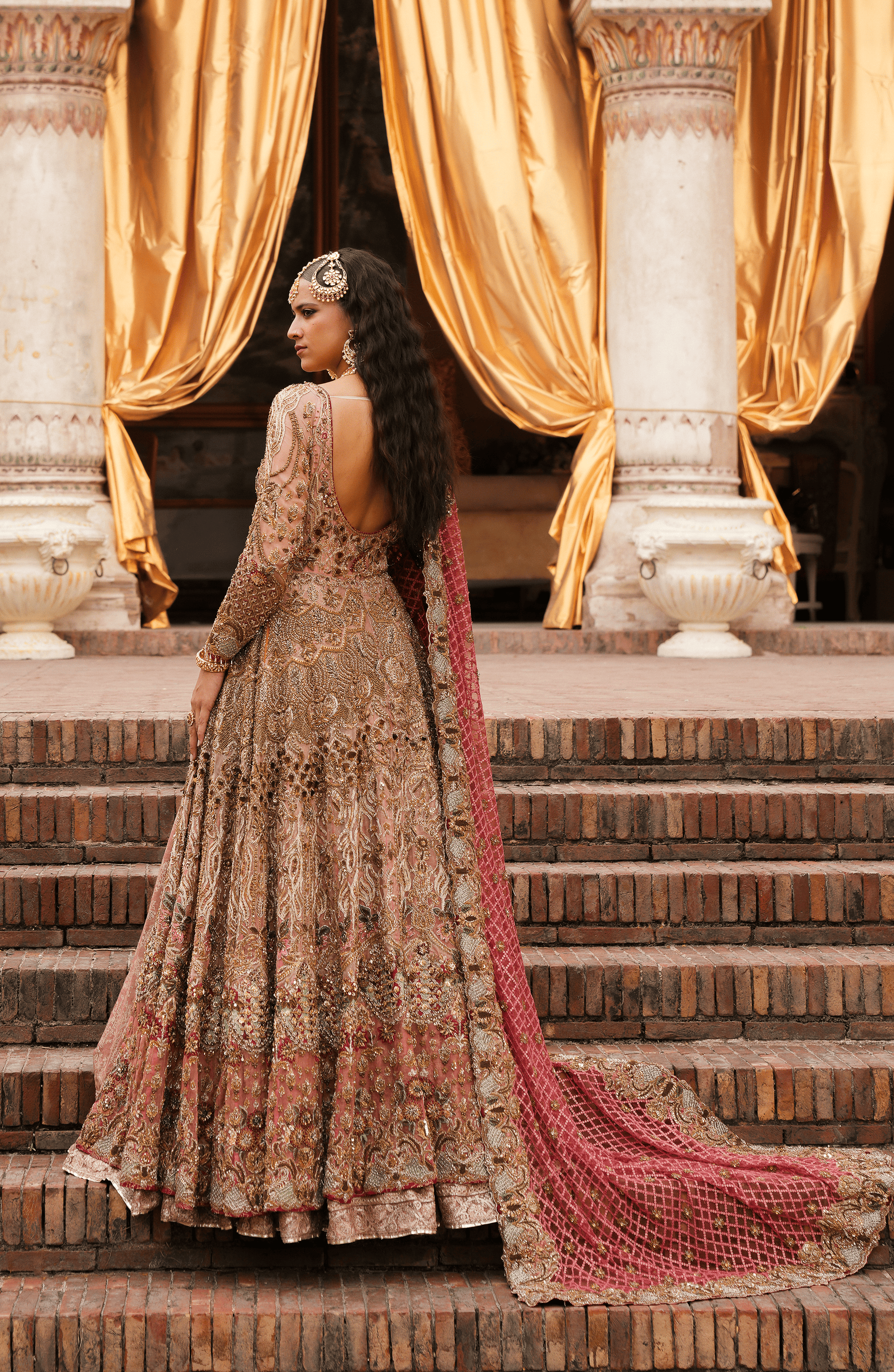 HSY Nigaar - Pink Ombre Front-Slit Anarkali Bridal Attire-Back design of Nigaar Pink Ombre Anarkali bridal gown