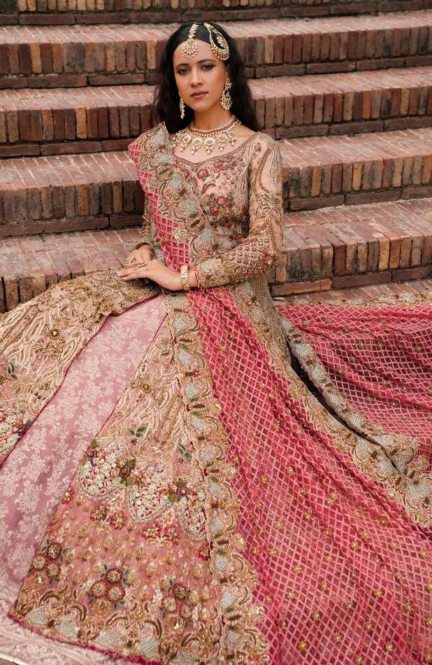 Nigaar - Pink Ombre Front-Slit Anarkali Bridal Attire-Close-up of embroidery on pink ombre bridal anarkali