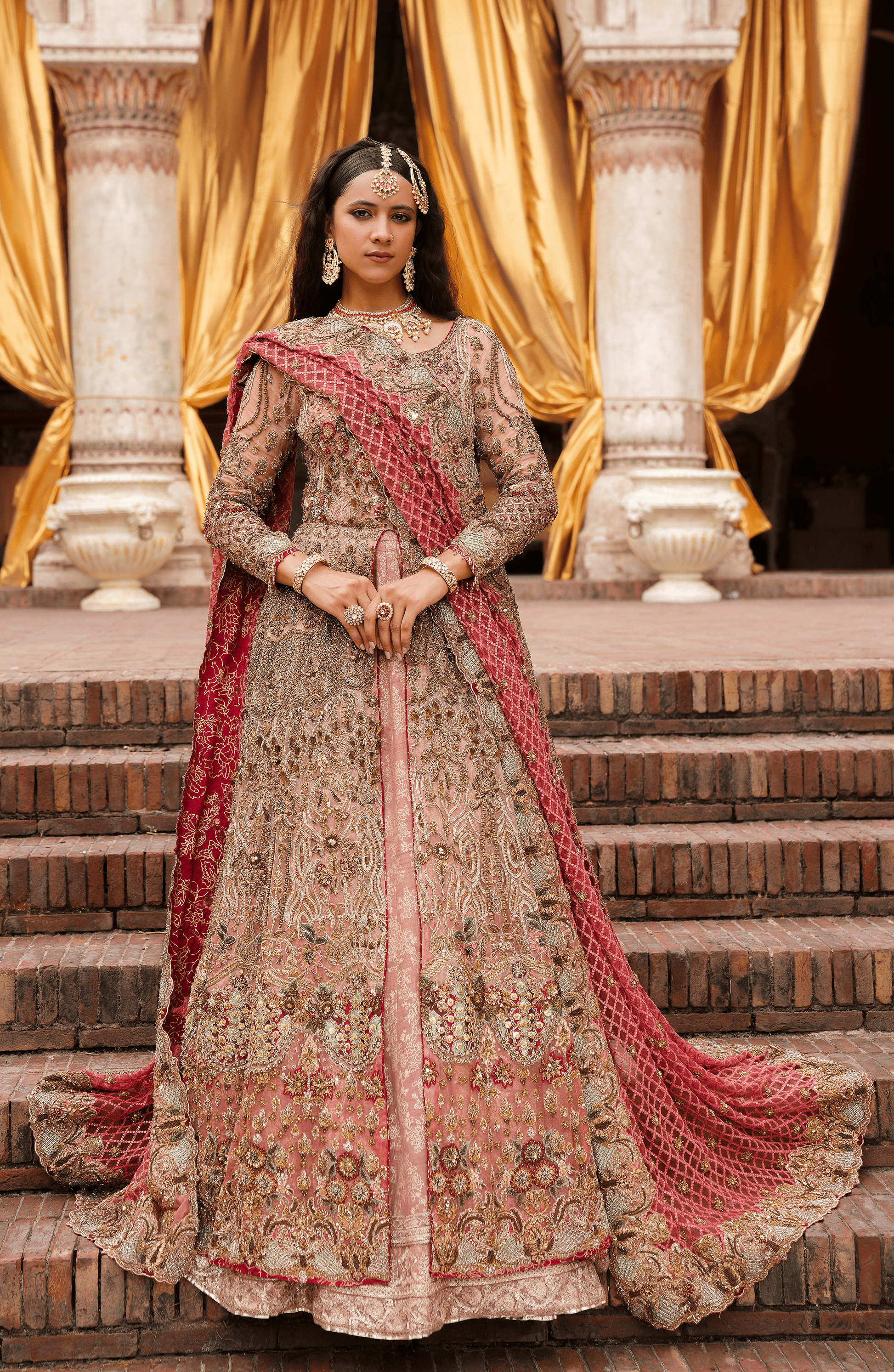HSY Nigaar - Pink Ombre Front-Slit Anarkali Bridal Attire-Model wearing Nigaar Pink Ombre Front-Slit Bridal Attire