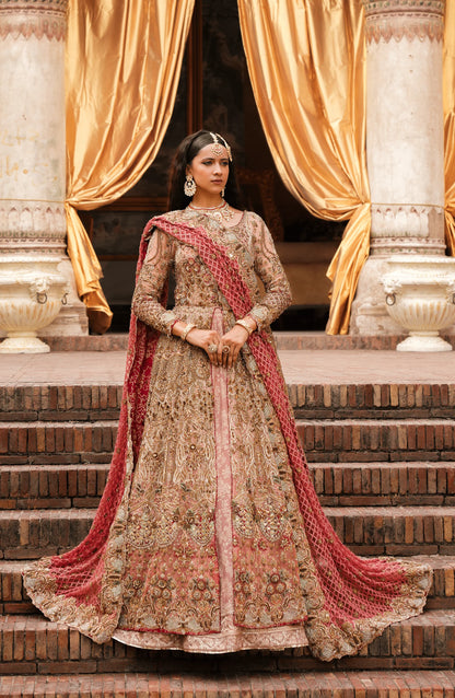 Nigaar - Pink Ombre Front-Slit Anarkali Bridal Attire-Side profile of elegant pink ombre bridal anarkali dress