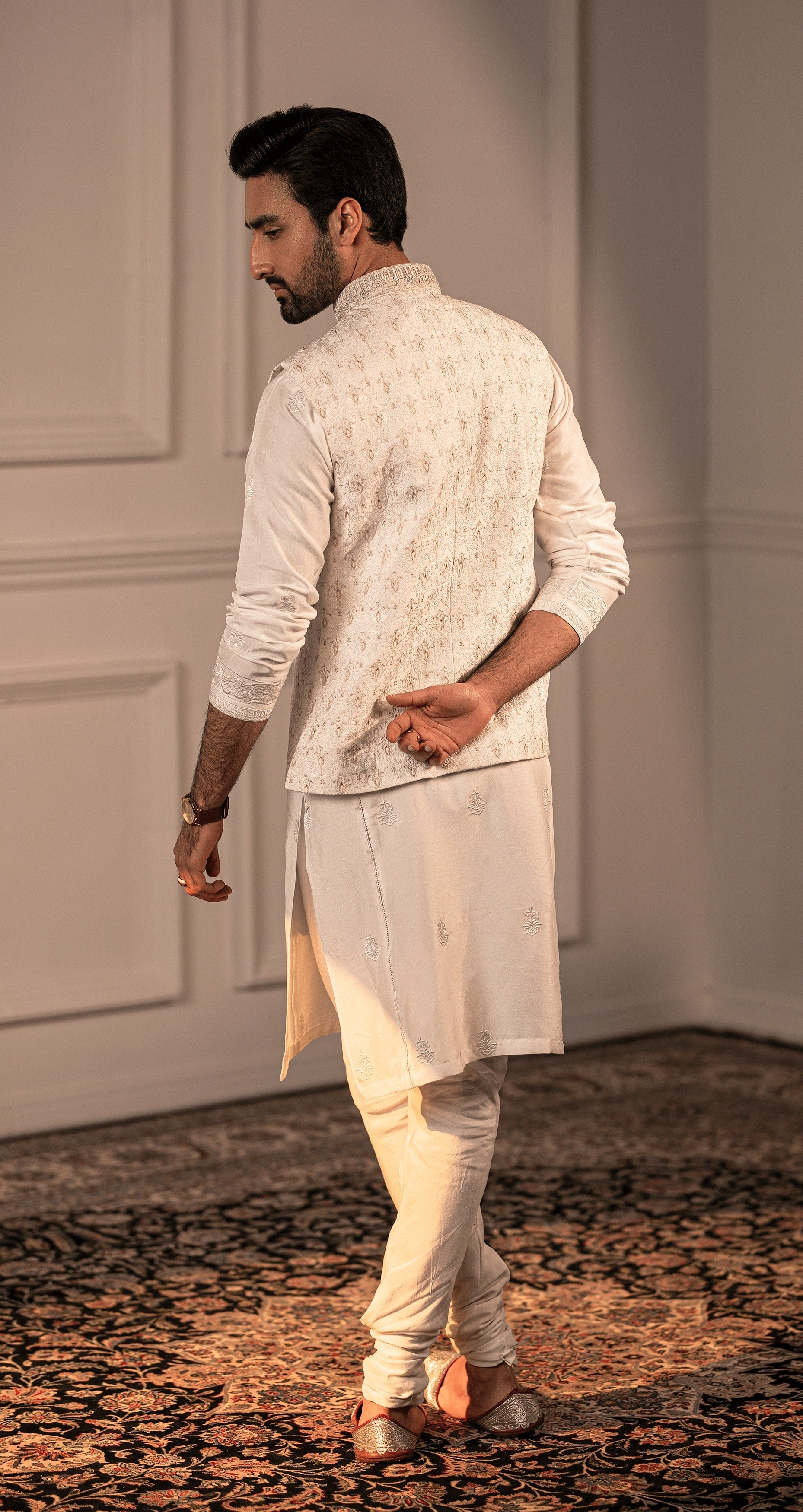 Pakistani designer kurta for men in USA online by HSY-Traditional ethnic look in Opulent White silk embroidered kurta outfit.
