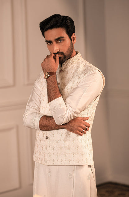 HSY designer menswear - Luxury menswear from Pakistan-Elegant Opulent White silk kurta ensemble with fine embroidery, front view.
