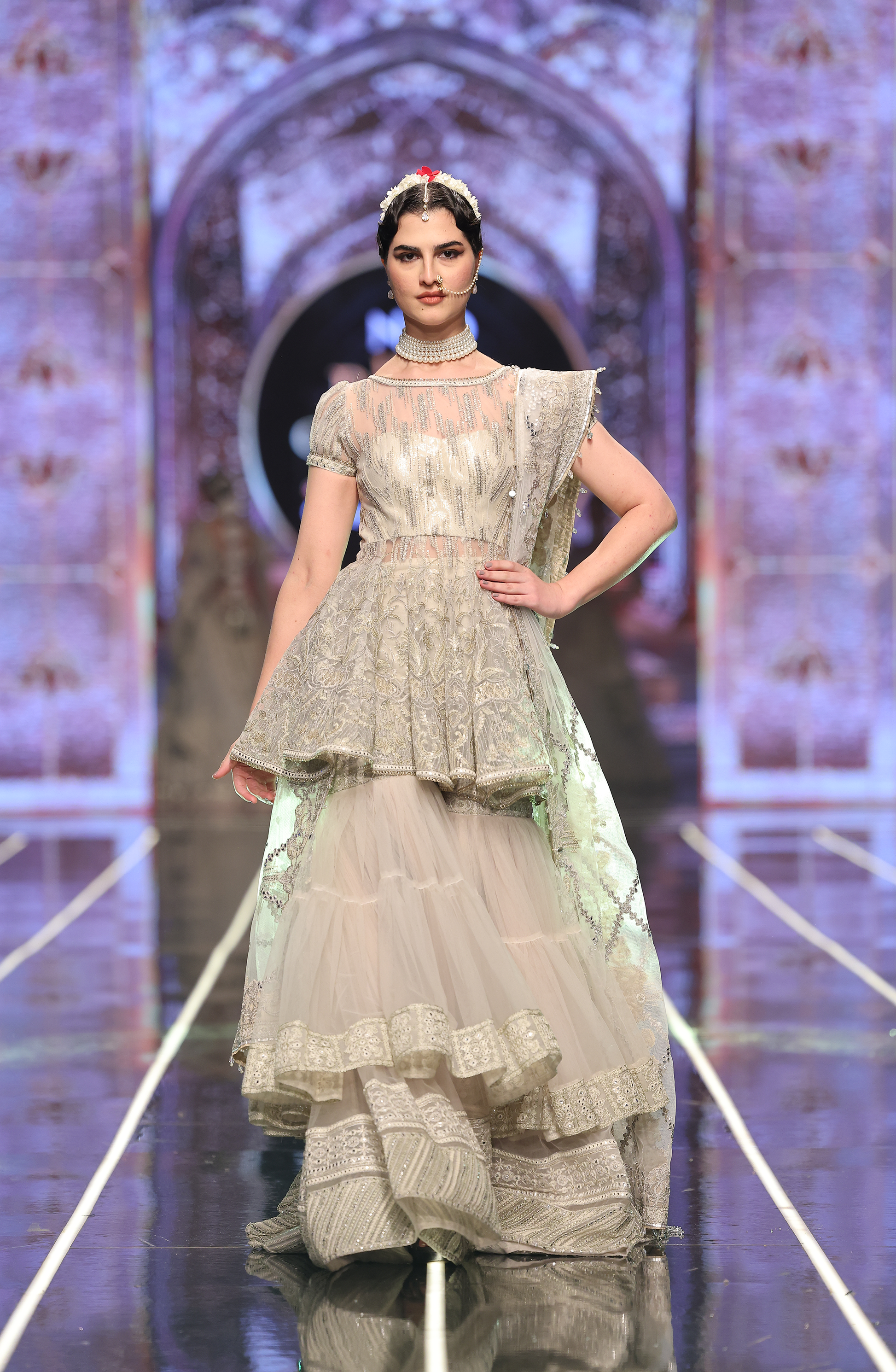 HSY Peplum Top With Tiered Gharara-Full festive outfit view of peplum top with tiered gharara