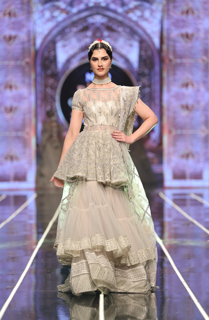 HSY Peplum Top With Tiered Gharara-Full festive outfit view of peplum top with tiered gharara
