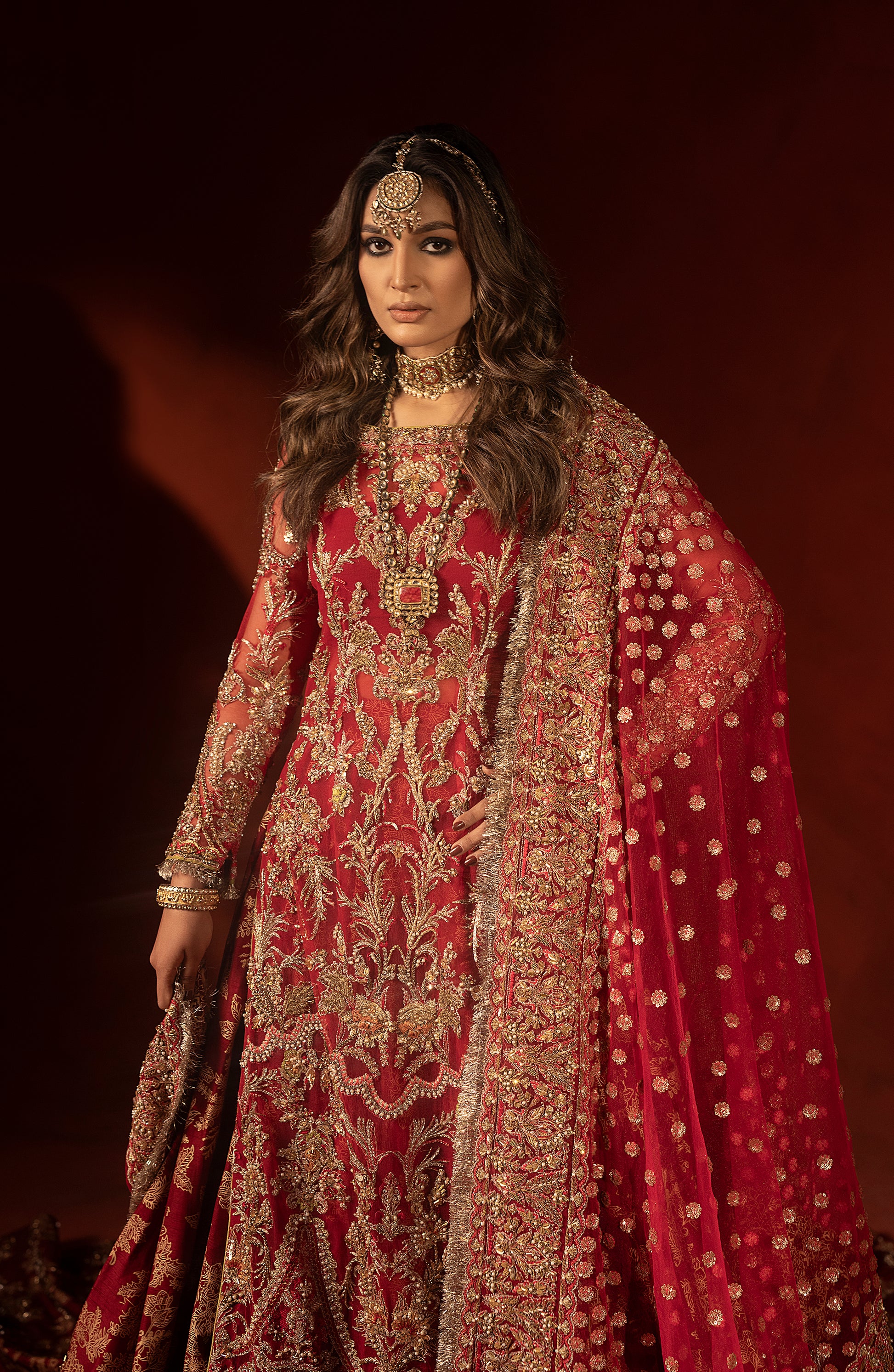 Raspberry red bridal trail lehenga set with shirt-style blouse