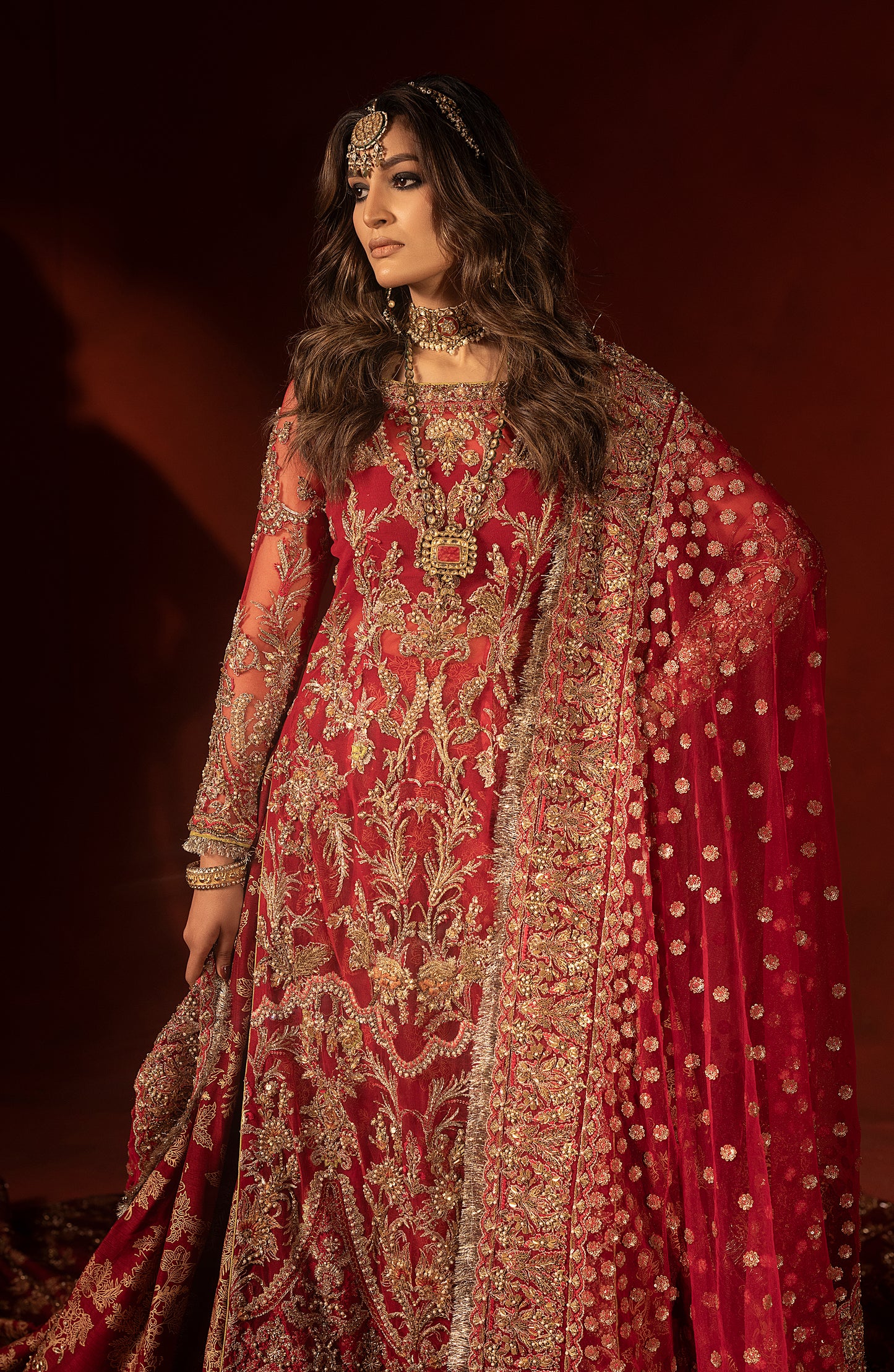 Traditional raspberry red lehenga set with shirt and dupatta