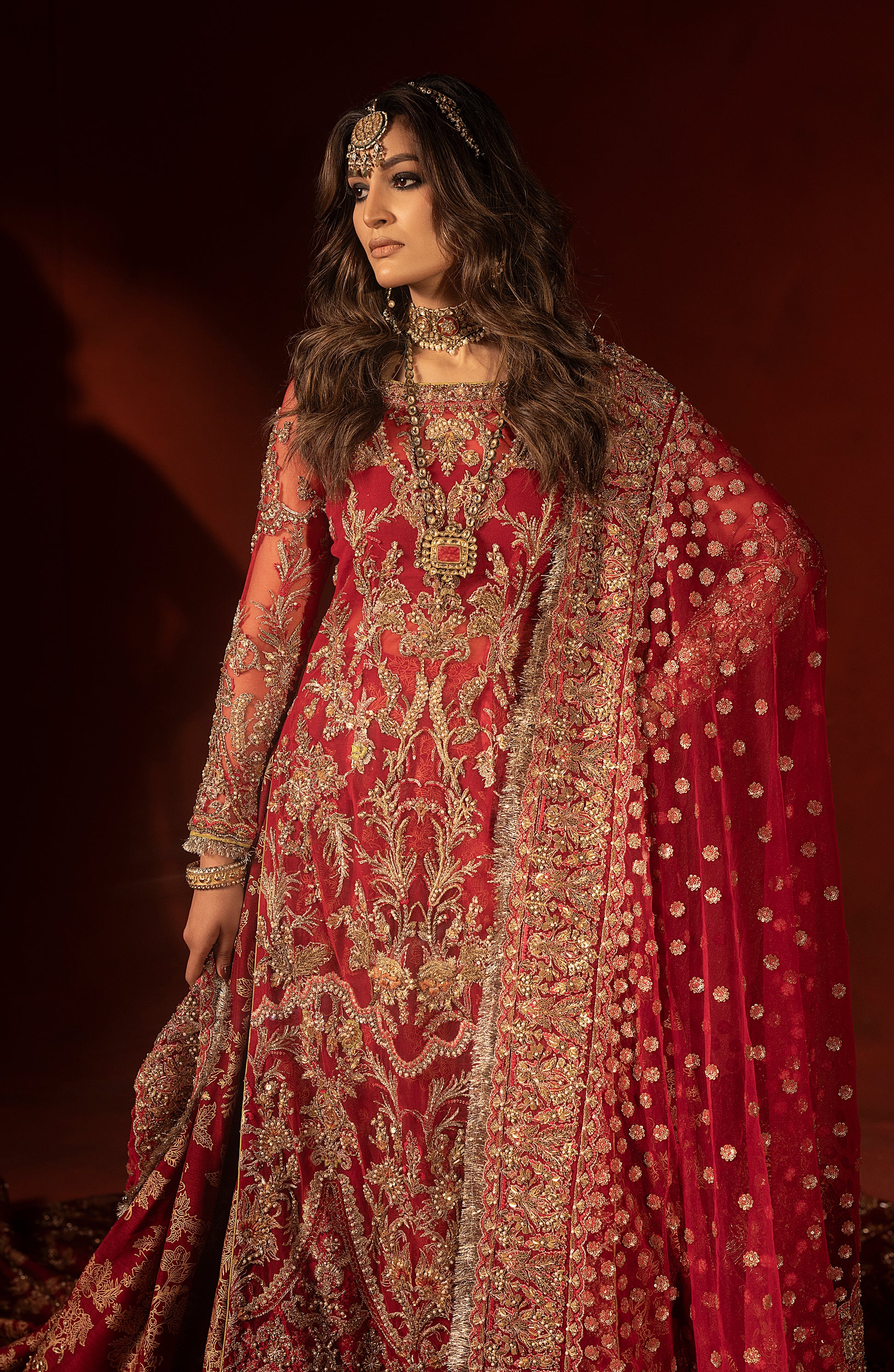Traditional raspberry red lehenga set with shirt and dupatta