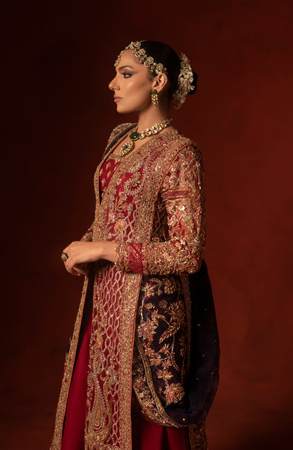 Embroidery detail on red shirt with azaar pants set