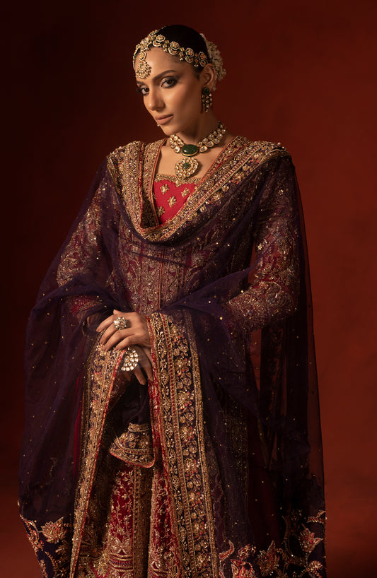 Front view of red front open shirt with azaar pants set