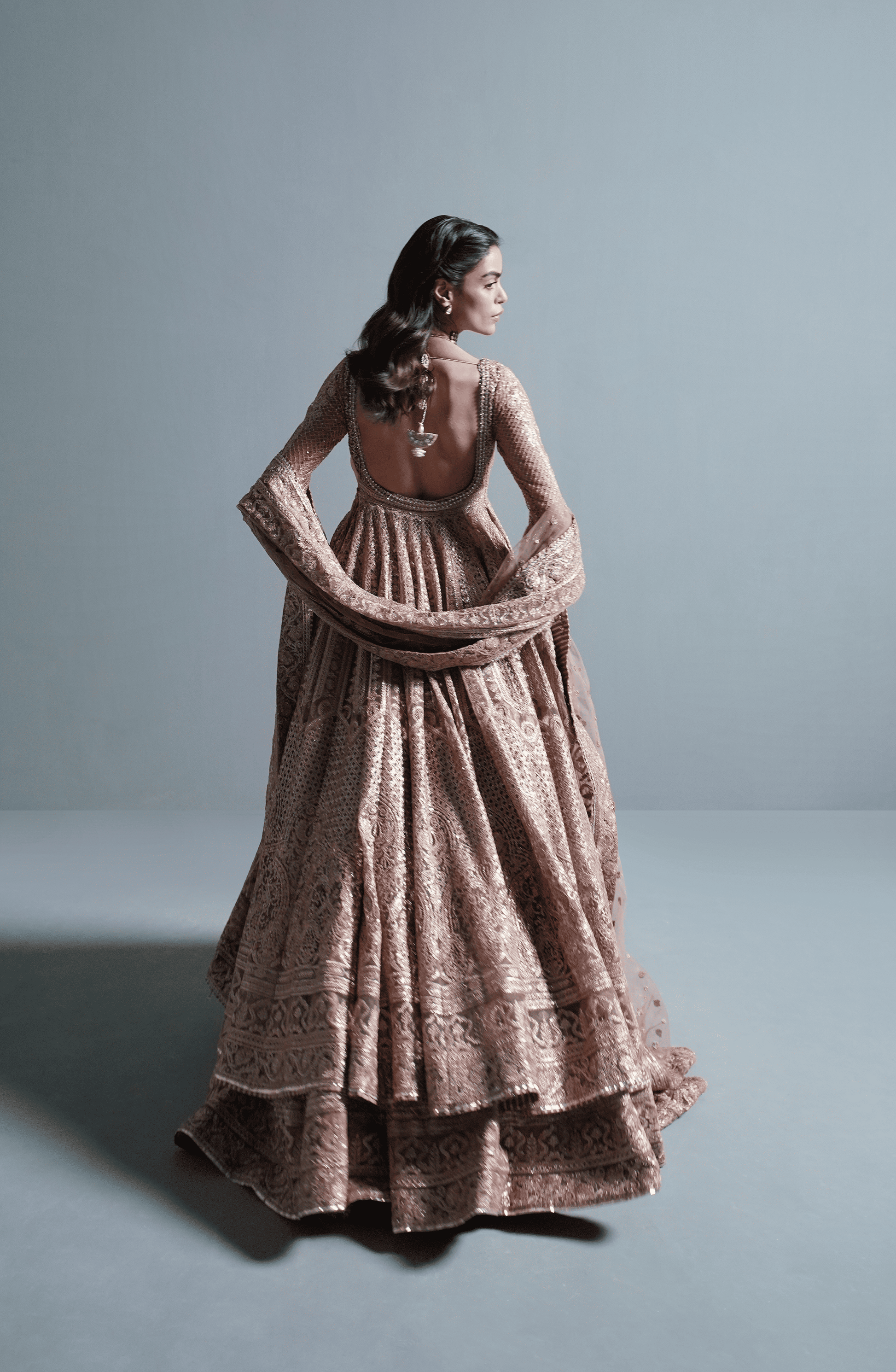 Indian wedding dresses USA-Back design of Rose Gold embroidered pishwas lehenga outfit