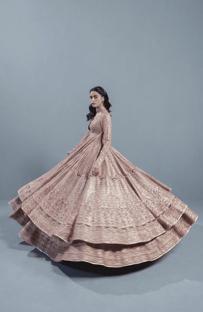 Indian wedding dresses USA-Model styling Rose Gold embroidered pishwas lehenga set
