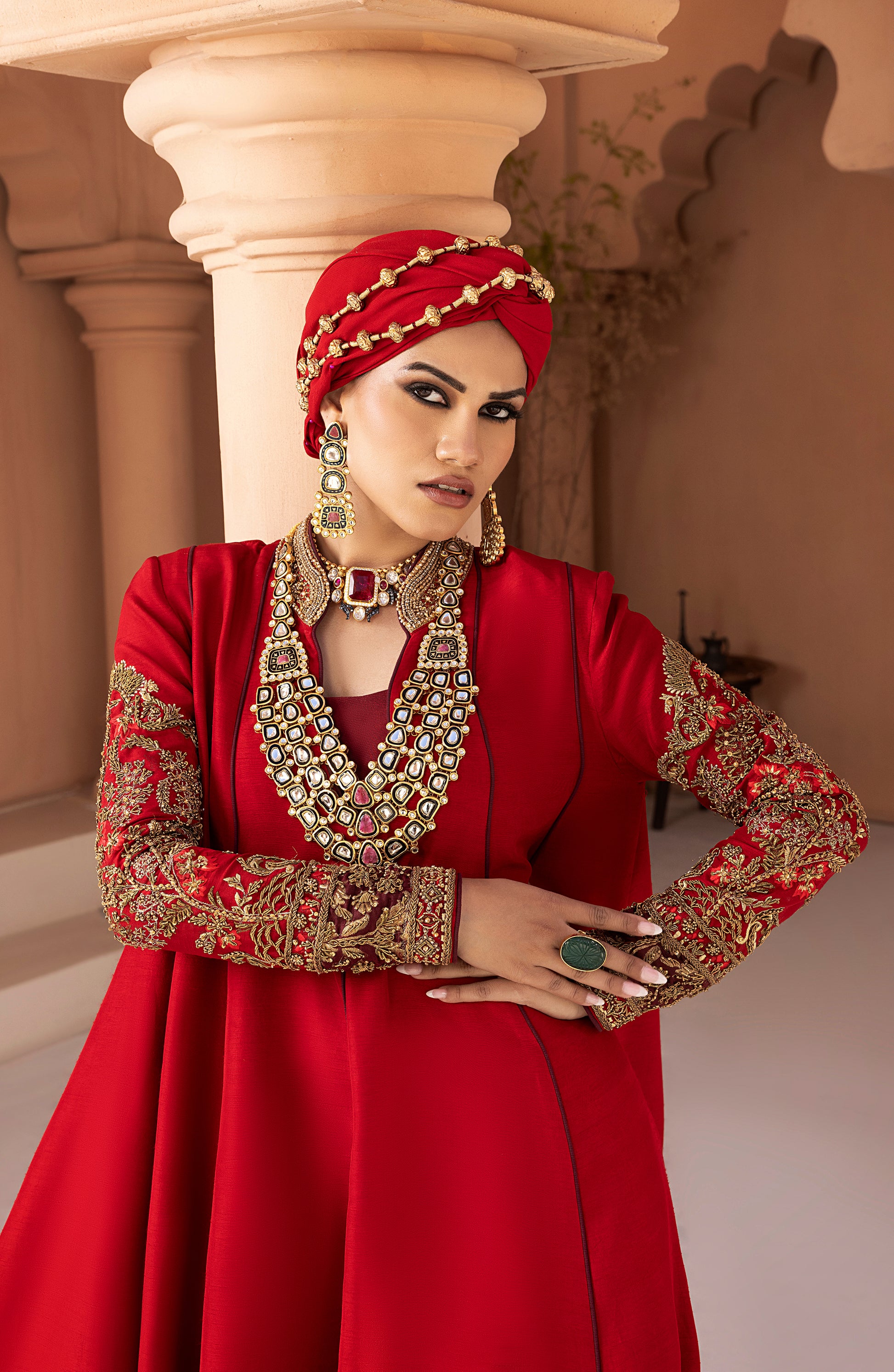 HSY Ruby Red - Antique Embellished Floor-Length Gown-Closeup of ruby red antique embellished gown with intricate detailing