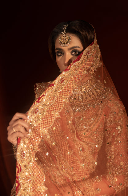 Blouse design of rust orange jamawar lehenga set