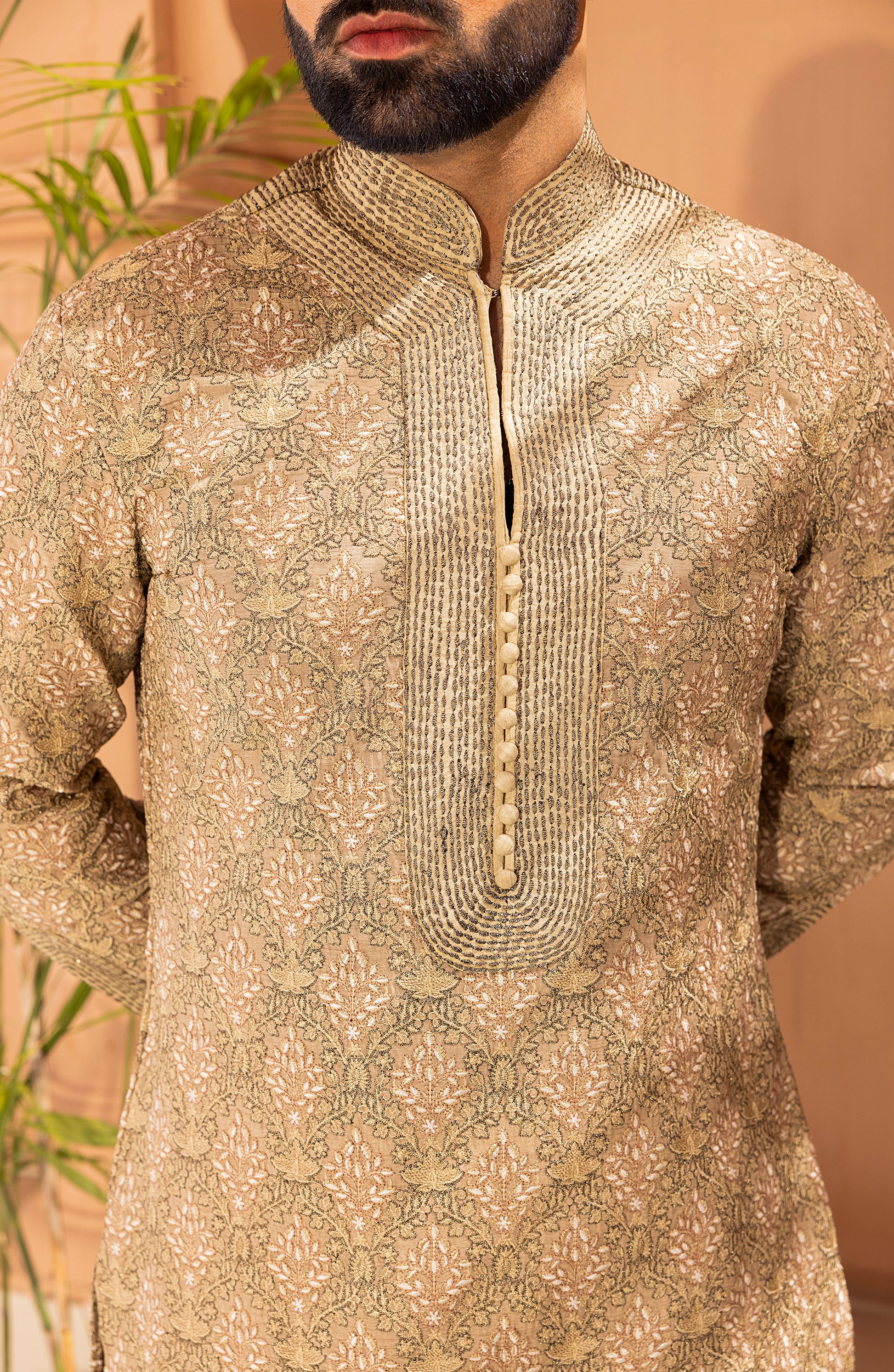 HSY Sandstone Embroidered Kurta Shalwar Kameez-Closeup of sandstone kurta shalwar kameez fabric and embroidery