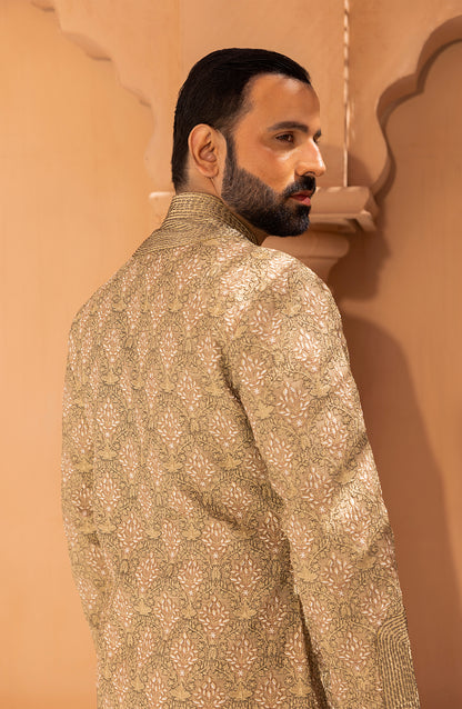 HSY Sandstone Embroidered Kurta Shalwar Kameez-Back view of model in sandstone embroidered kurta shalwar outfit