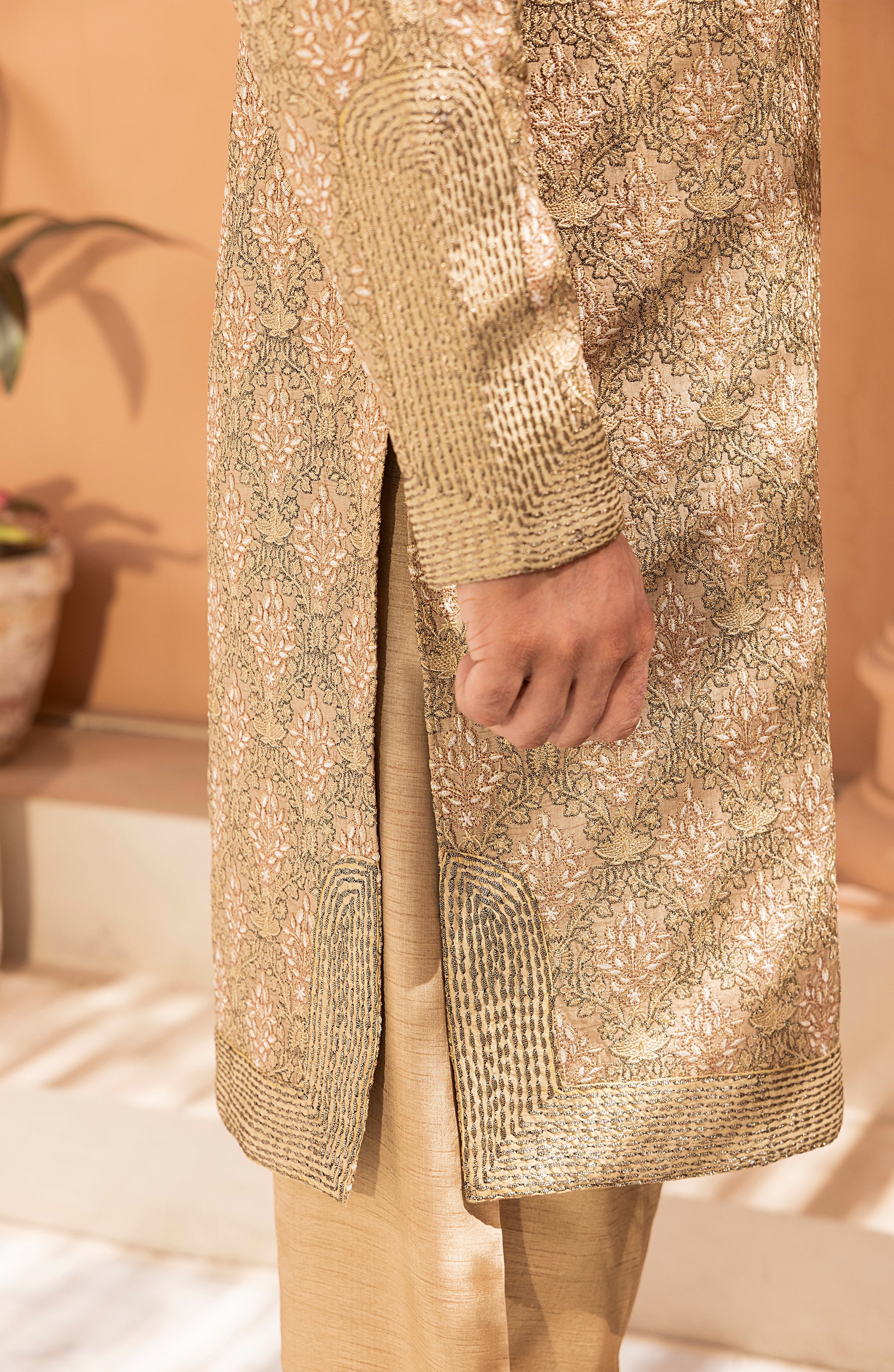 HSY Sandstone Embroidered Kurta Shalwar Kameez-Sleeve embroidery detail on sandstone embroidered kurta shalwar