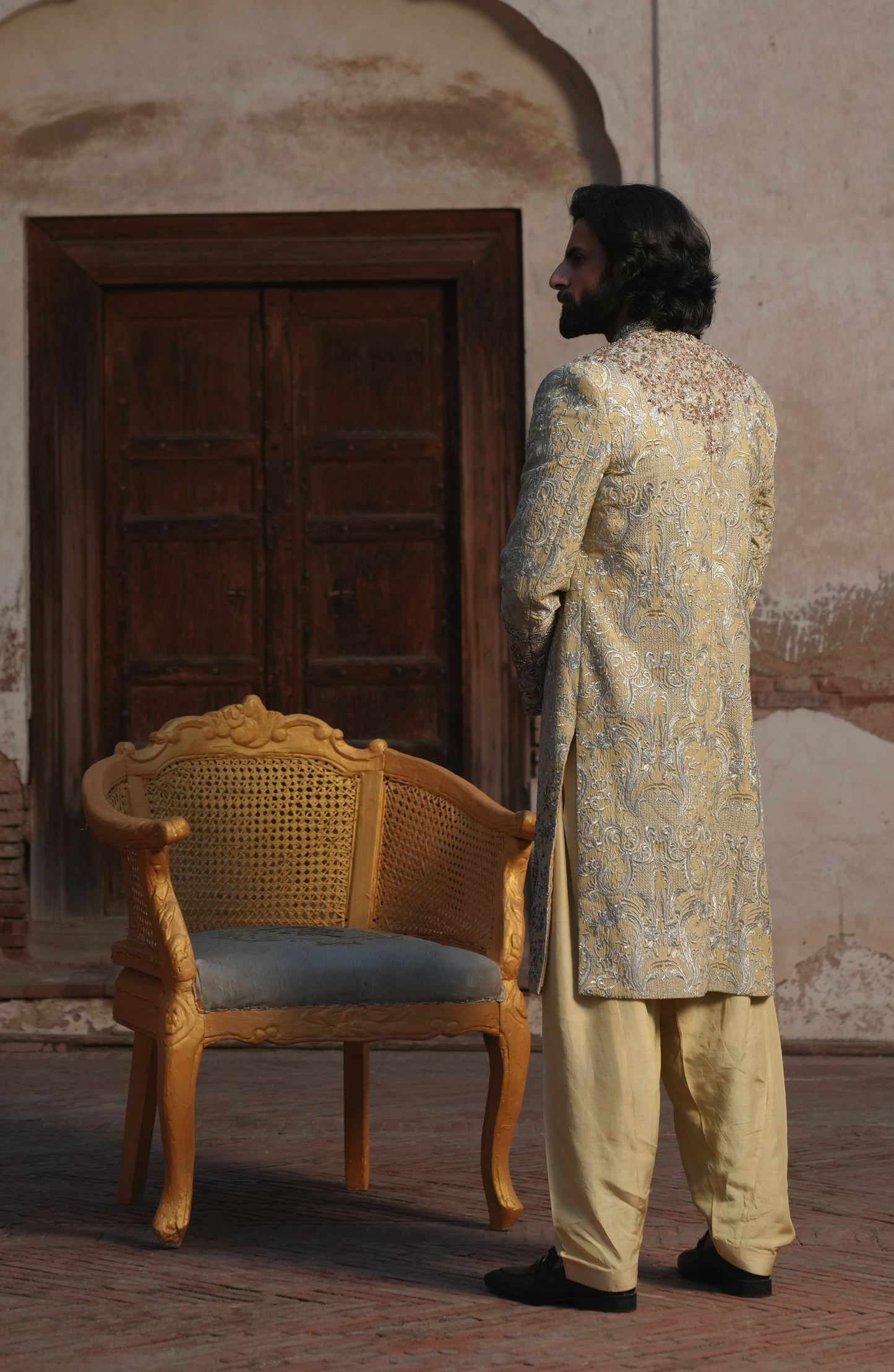 HSY | groom designer dress-Back design of Shershah Regal Light Beige Sherwani