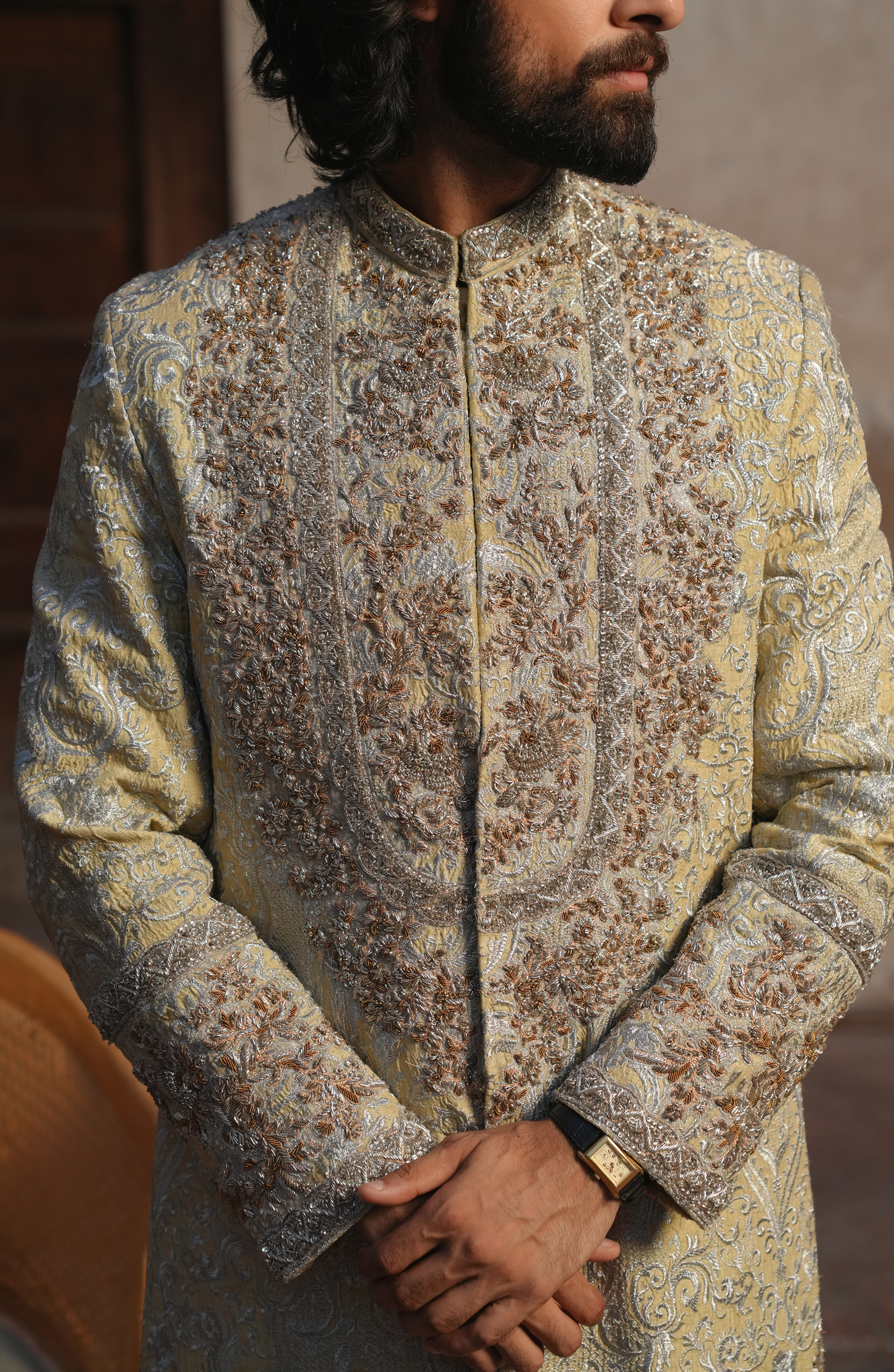 HSY groom dress for barat-Button design detail of Shershah Regal Light Beige Sherwani