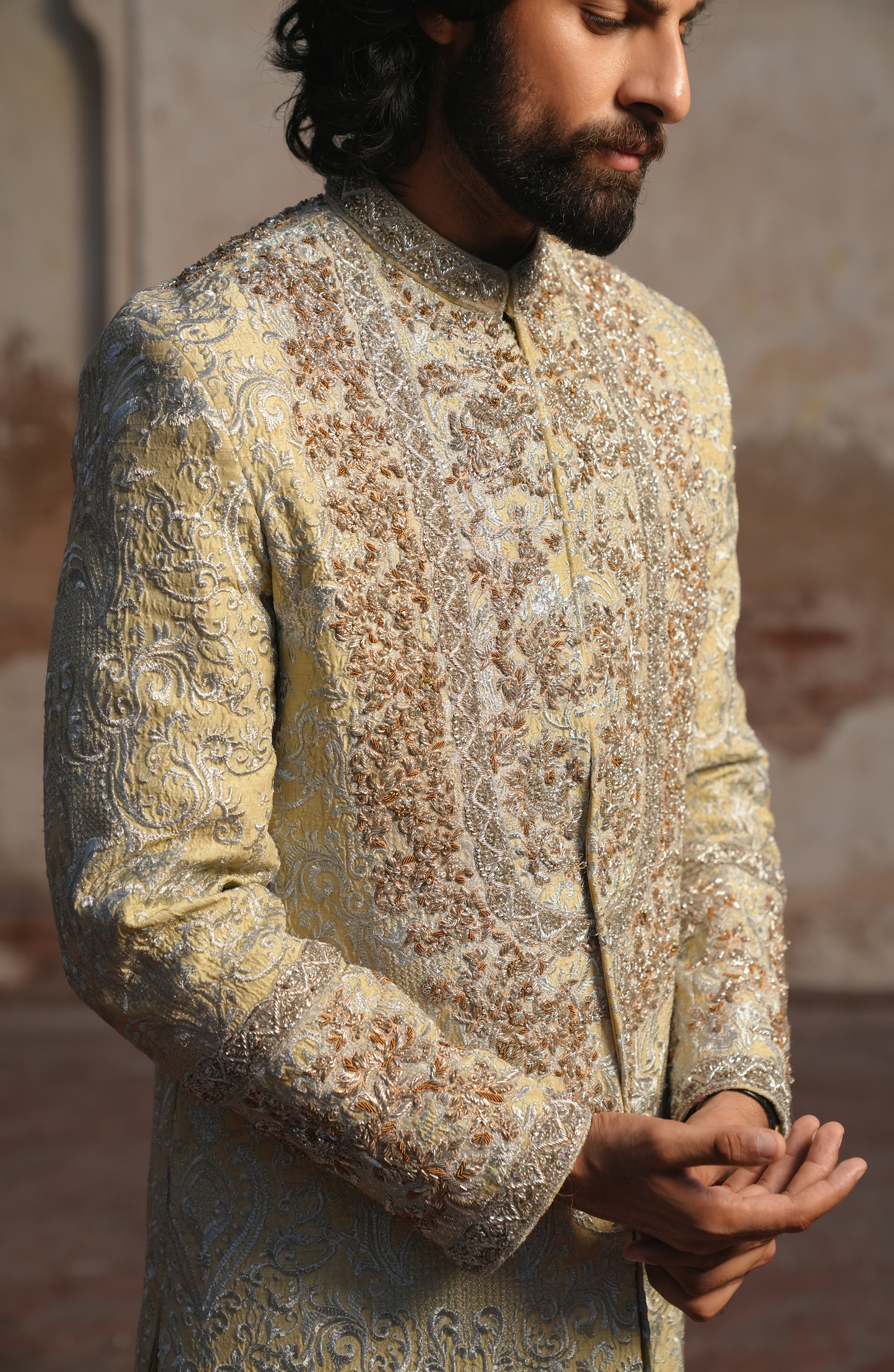 HSY | groom sherwani for barat-Close-up of detailed embroidery on beige sherwani