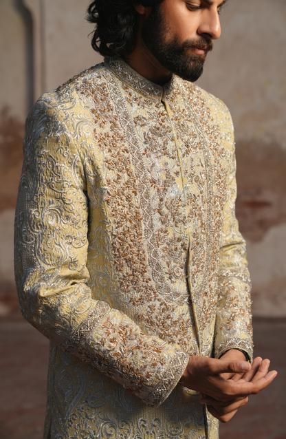 HSY | groom sherwani for barat-Close-up of detailed embroidery on beige sherwani