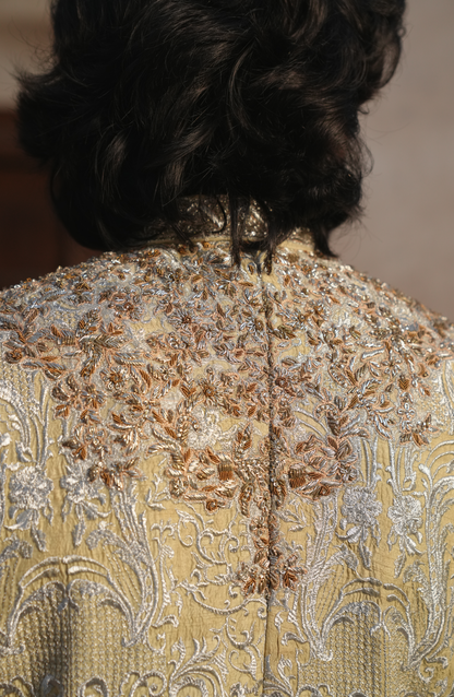 HSY | groom dresses for walima-Fine fabric texture of regal light beige sherwani