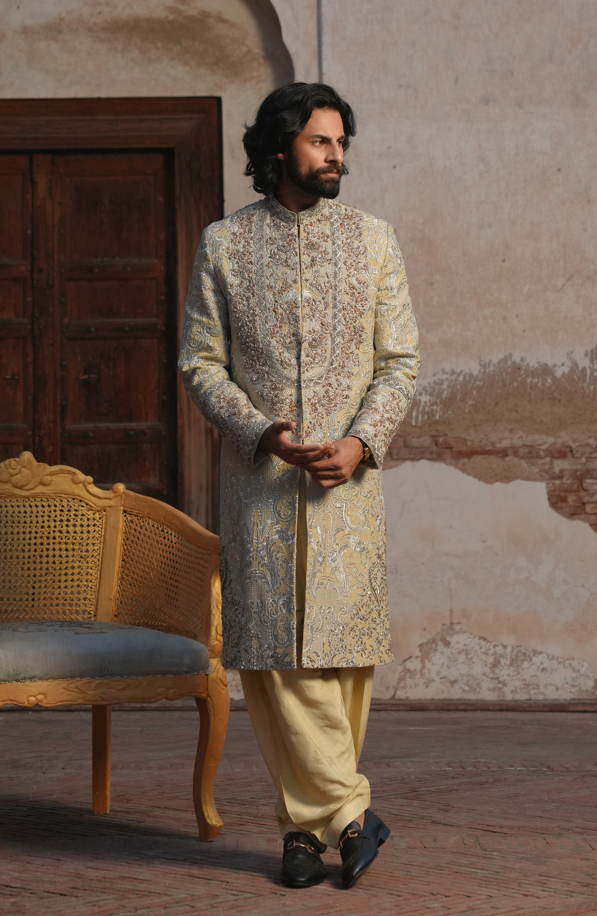HSY | groom sherwani for barat-Front view of Shershah Regal Light Beige Sherwani for men