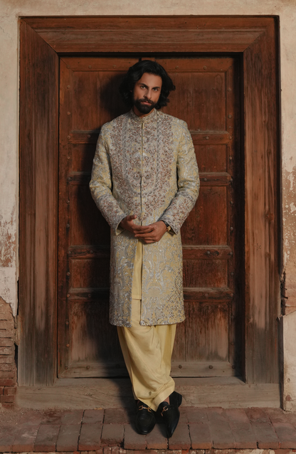 HSY | groom sherwani for walima-Model wearing Shershah Regal Light Beige Sherwani