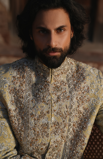 HSY | designer prince coat-Model wearing Shershah Regal Light Beige Sherwani