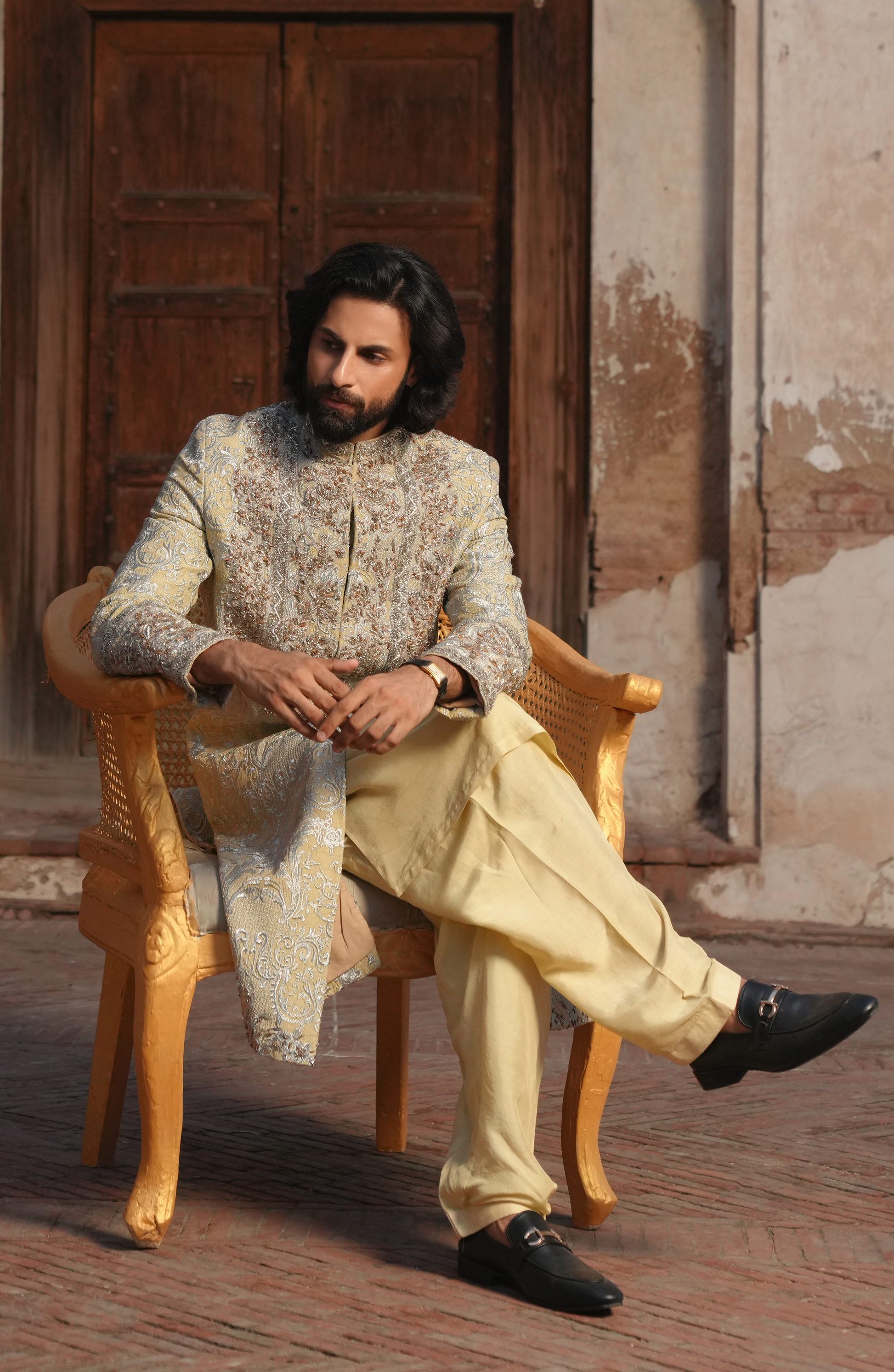 HSY | groom walima dress-Side profile of elegant light beige sherwani design