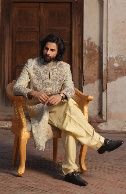 HSY | groom walima dress-Side profile of elegant light beige sherwani design