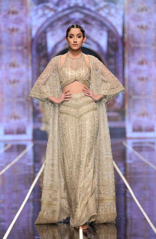 HSY Skirt & Halter Blouse Net Ensemble With Jacket -Front view of skirt and halter blouse net ensemble with jacke