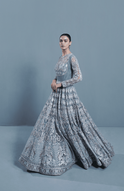 Pakistani Designer pishwas dresses-Intricate design work on Star Dust traditional embroidered pishwas