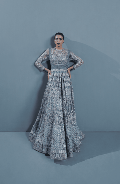 Front view of Star Dust embroidered pishwas set for weddings